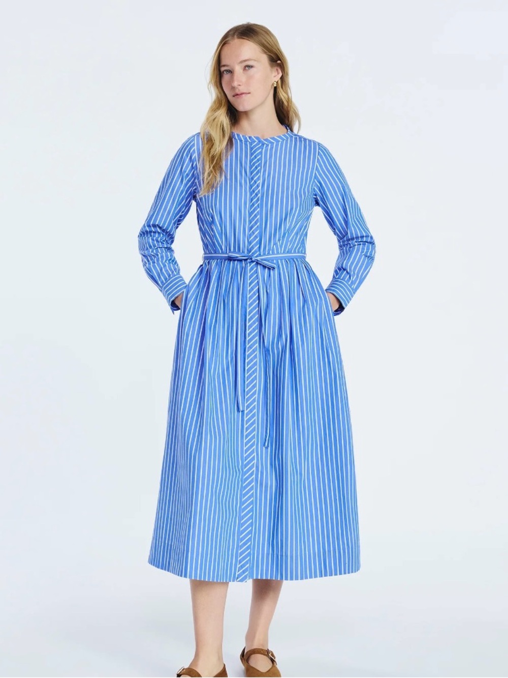 Blue Striped Long-Sleeve Tie-Waist Midi Dress
